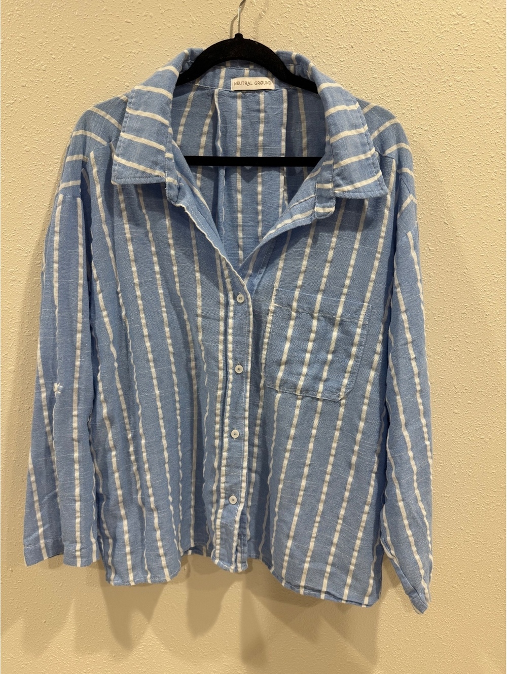 Neutral Ground Women’s Blue White Striped Button-Up Shirt Size M Coastal Relaxed